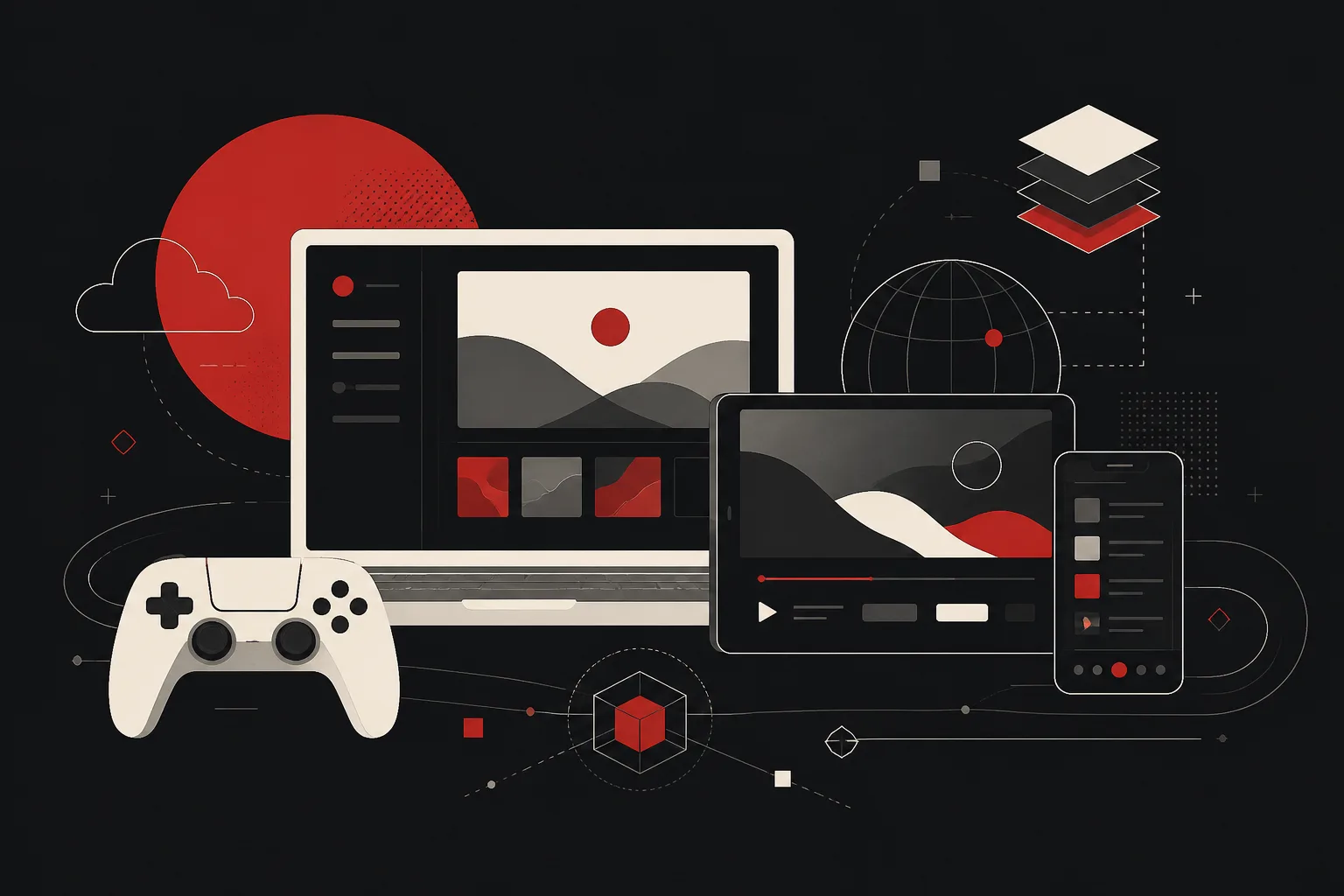 A flat-vector games controller beside a laptop, tablet and phone all showing a video interface, linked by thin lines to a globe, a cloud and stacked layers