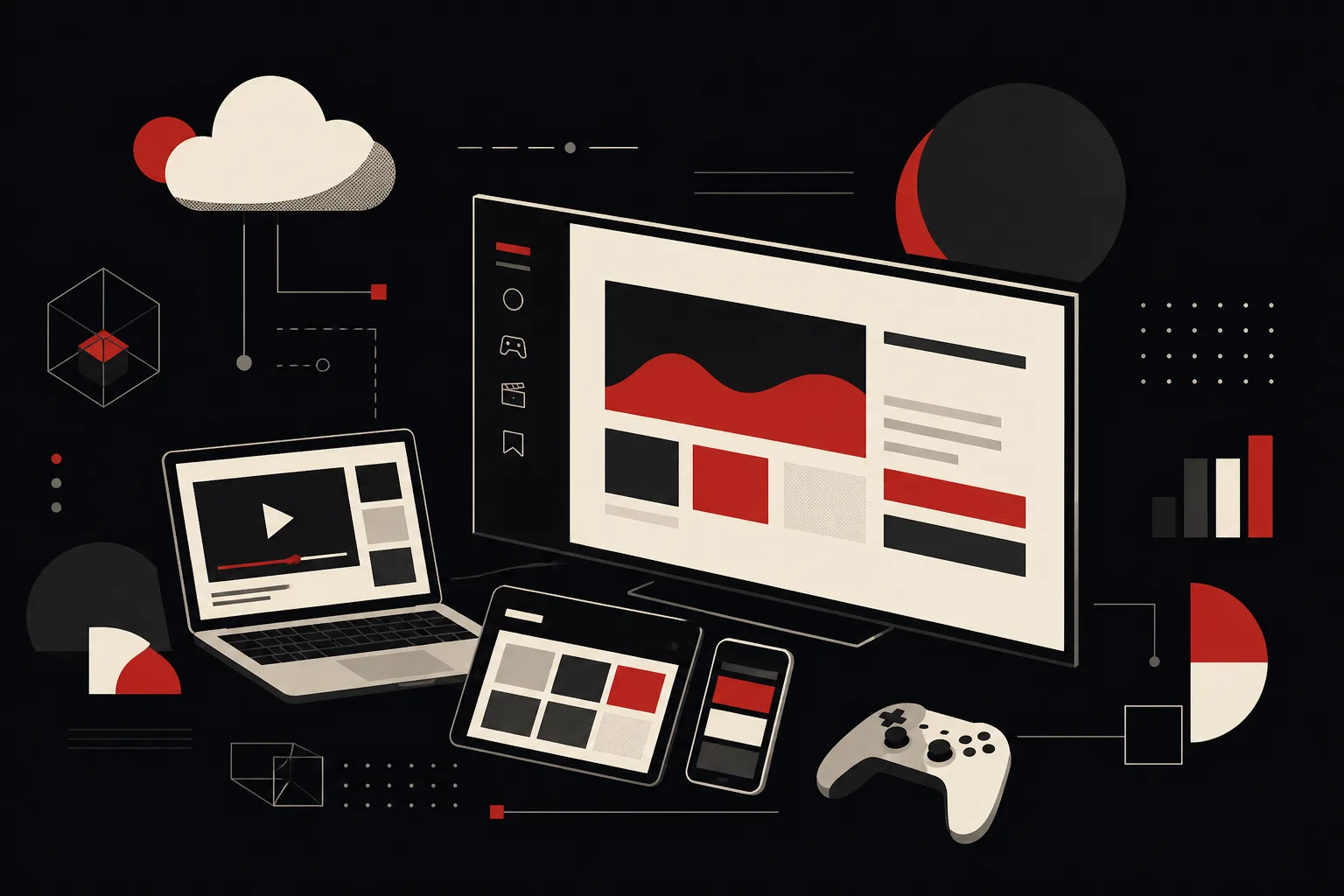 A television showing a streaming catalogue beside a laptop, tablet, phone and games controller, linked to a cloud and abstract data shapes