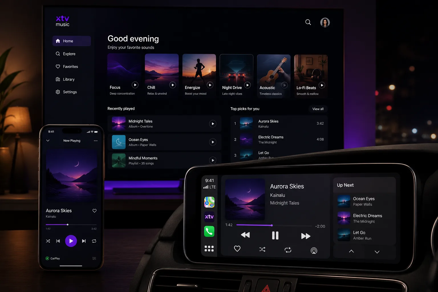 One music service playing at once on a television, a phone and a car dashboard.