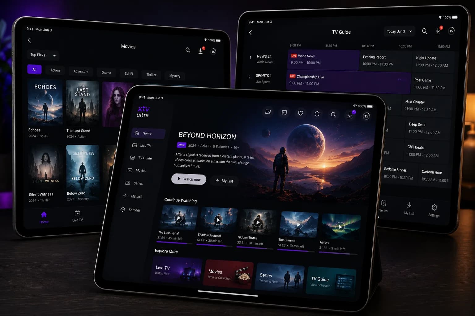 One streaming service running on several tablets around a home, each showing a different part of the catalogue.
