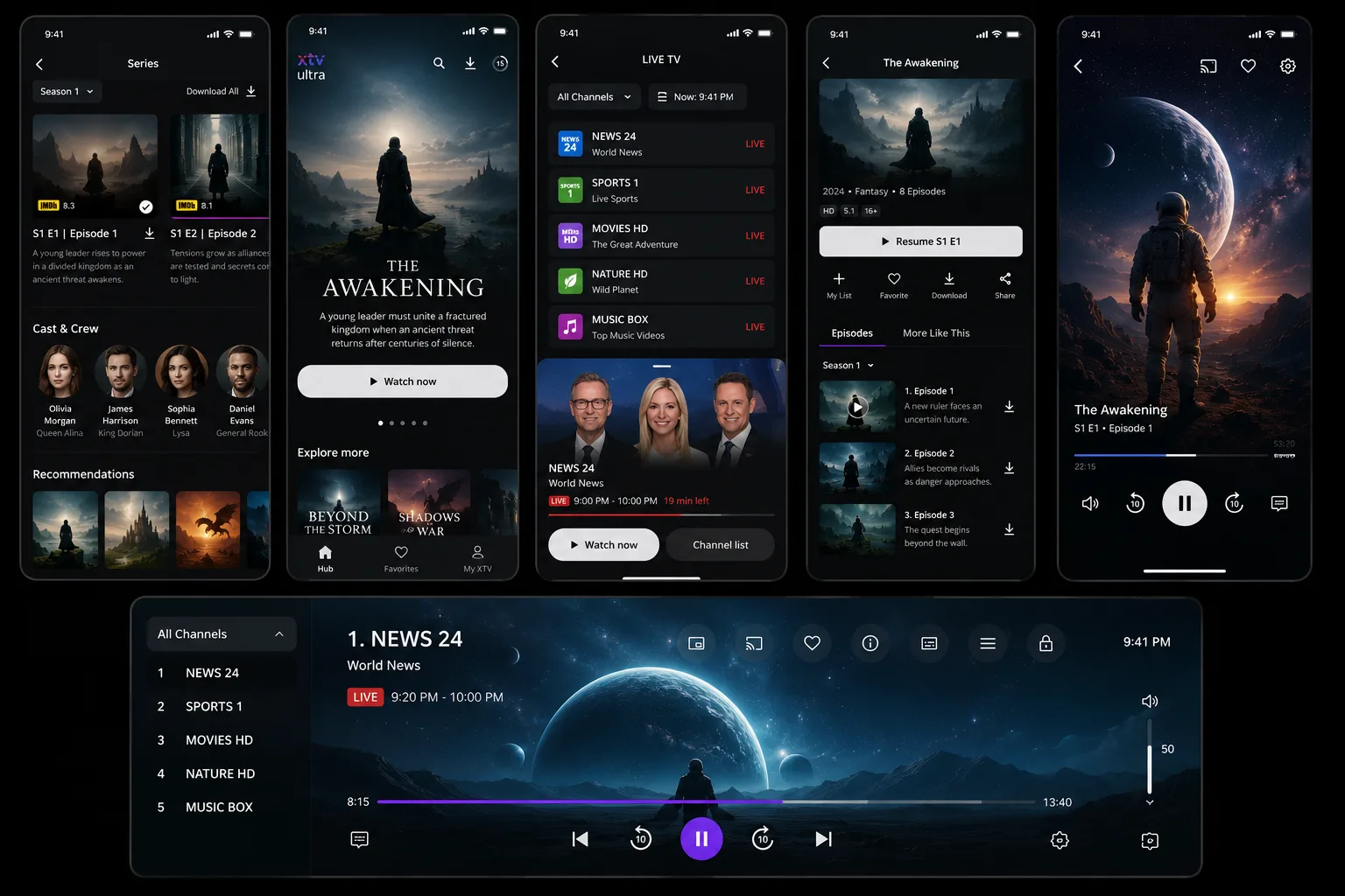 Six phone screens from one streaming service — a series page, a home screen, a live channel list, an episode list, a player and a landscape live player.