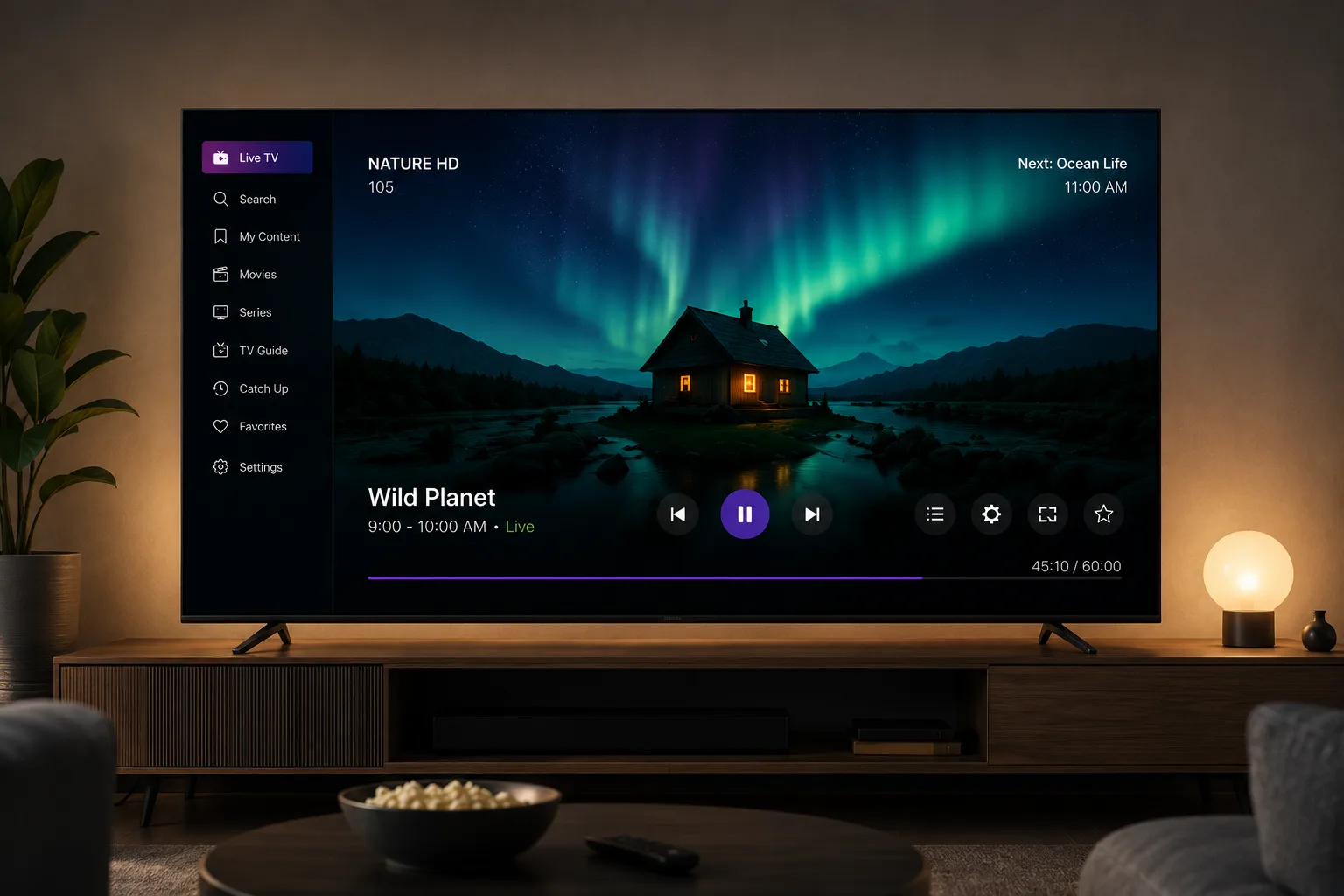 A television in a living room playing a live channel, with a remote on the table in front of it.