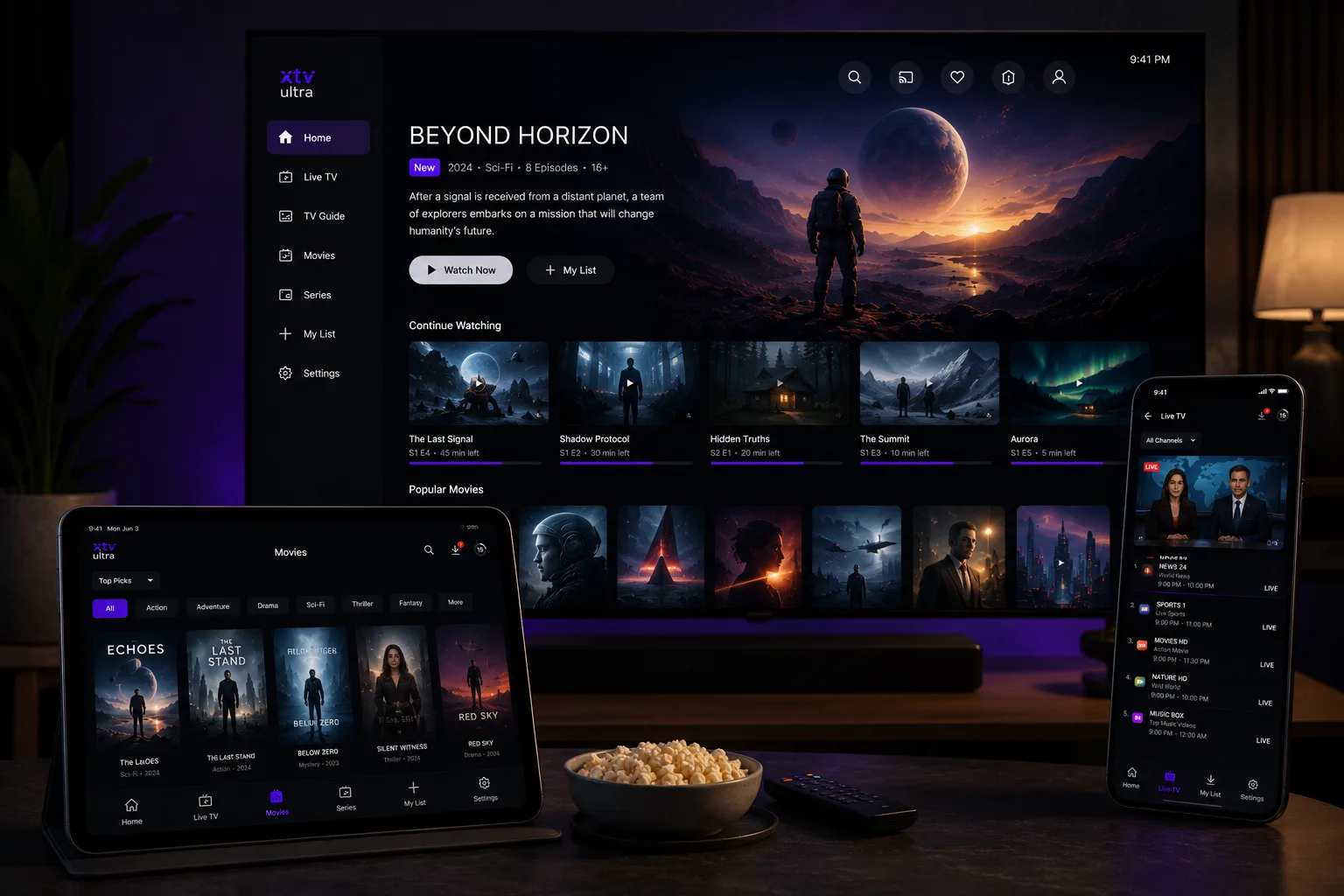 A living room with the same streaming service running on a television, a tablet and a phone at once.