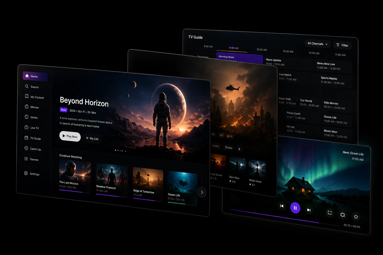 Four screens from one streaming service arranged in perspective — a home screen, a film page, a programme guide and a live player.