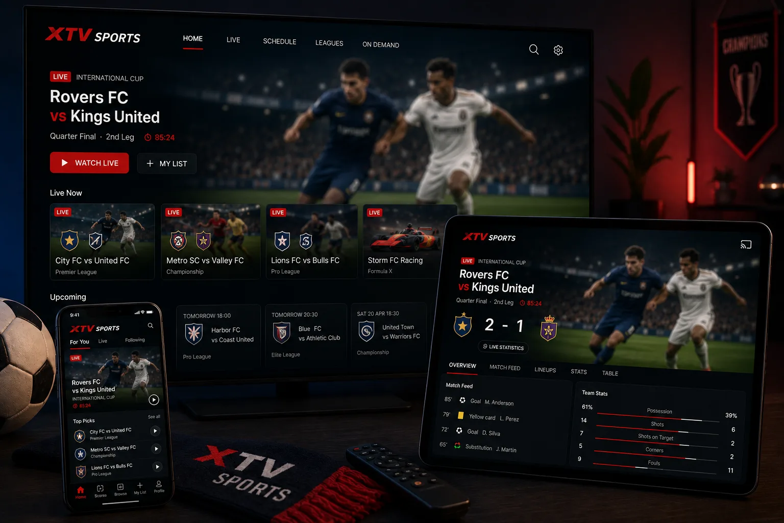 A live match playing at the same moment on a television, a tablet and a phone, with the tablet showing the match feed and team statistics.