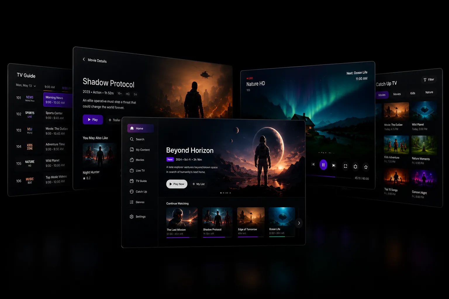 Five television screens from one streaming service arranged in perspective — a programme guide, a film page, a home screen, a live player and a catch-up grid.