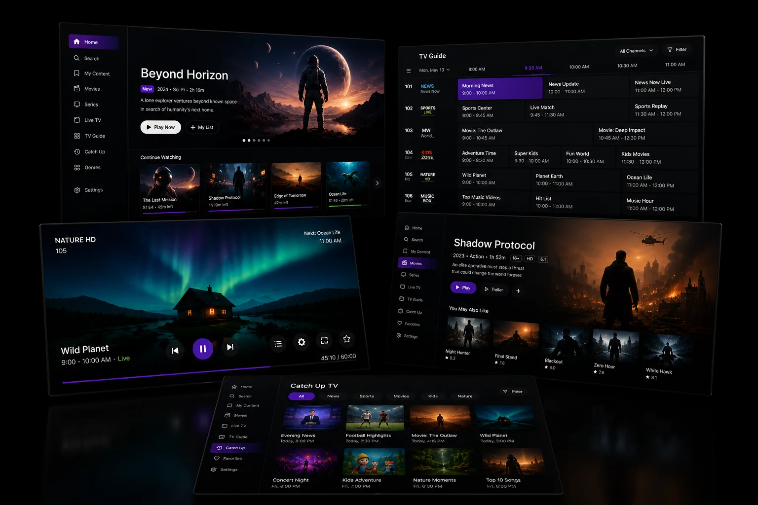 Screens from one streaming platform arranged in perspective — a home screen, a programme guide, a live player and a catch-up grid.