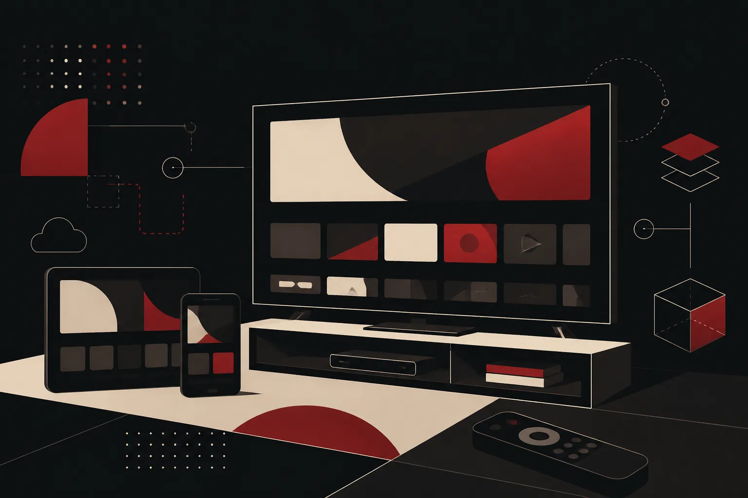 A television showing a streaming catalogue grid above a media box, with a remote control, tablet and phone alongside