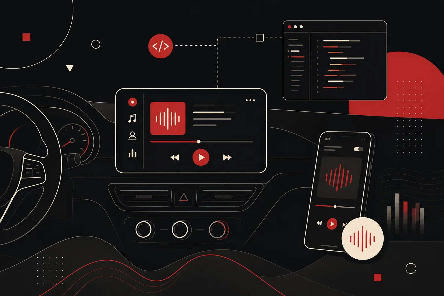 A car dashboard head unit showing an audio now-playing screen with a waveform and transport controls, beside a phone playing the same track