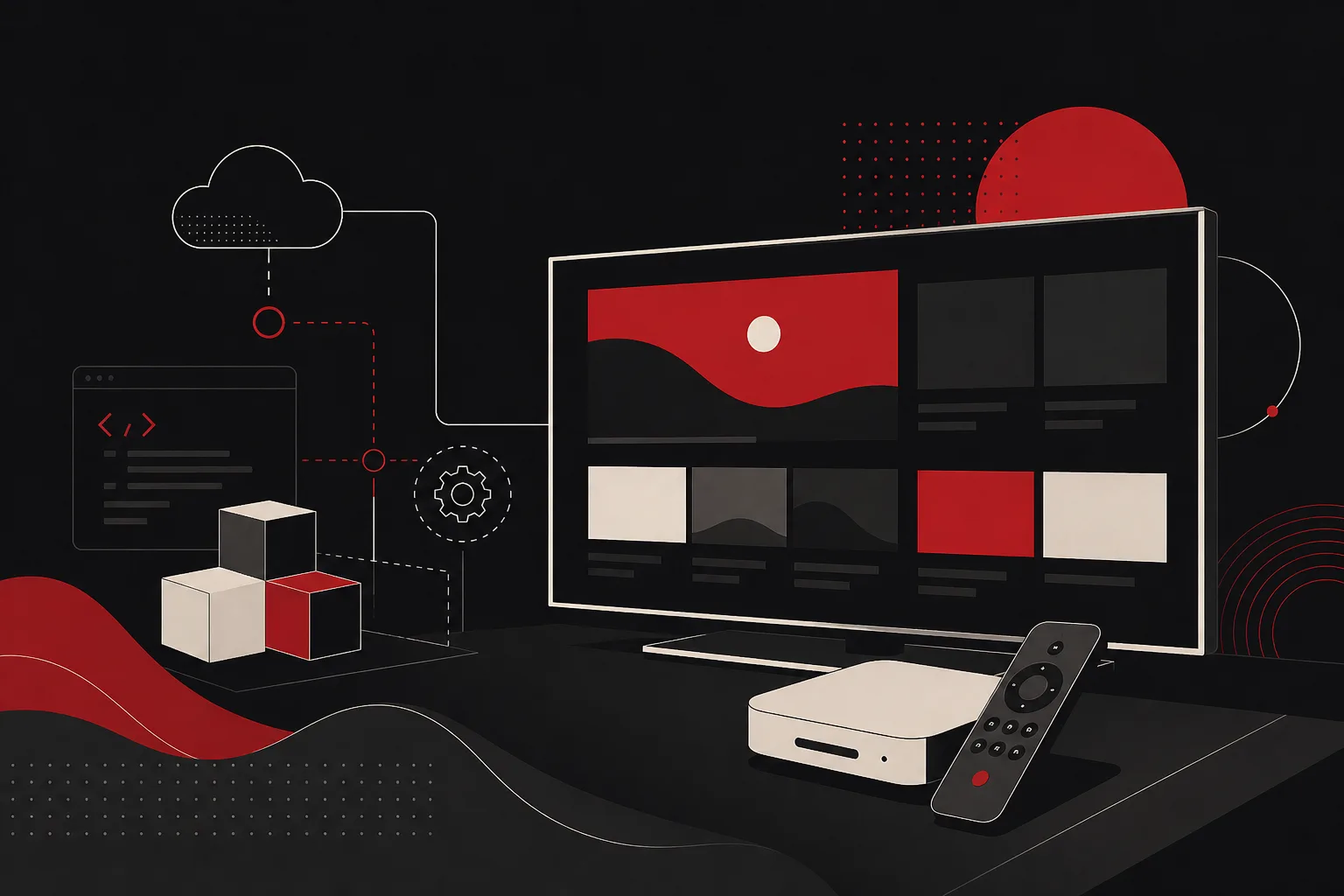 A television showing a streaming catalogue with a set-top box and remote in front, linked to a cloud, a code editor and stacked building blocks