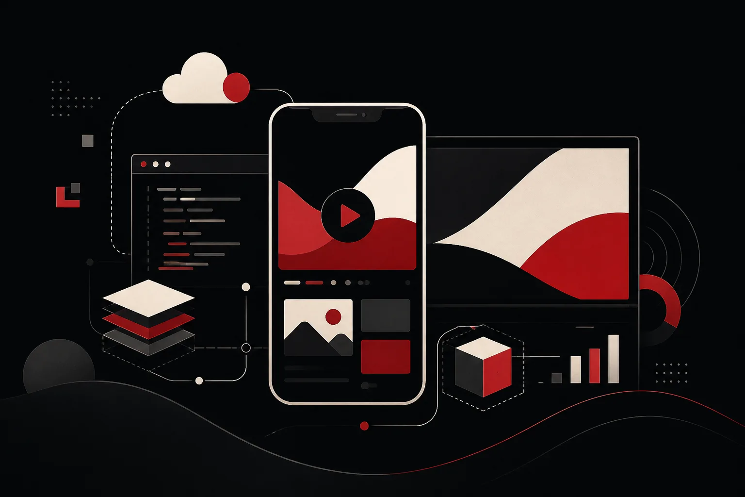A phone playing video above a catalogue grid, beside a code editor, a cloud, a layered stack and a monitor showing the same stream