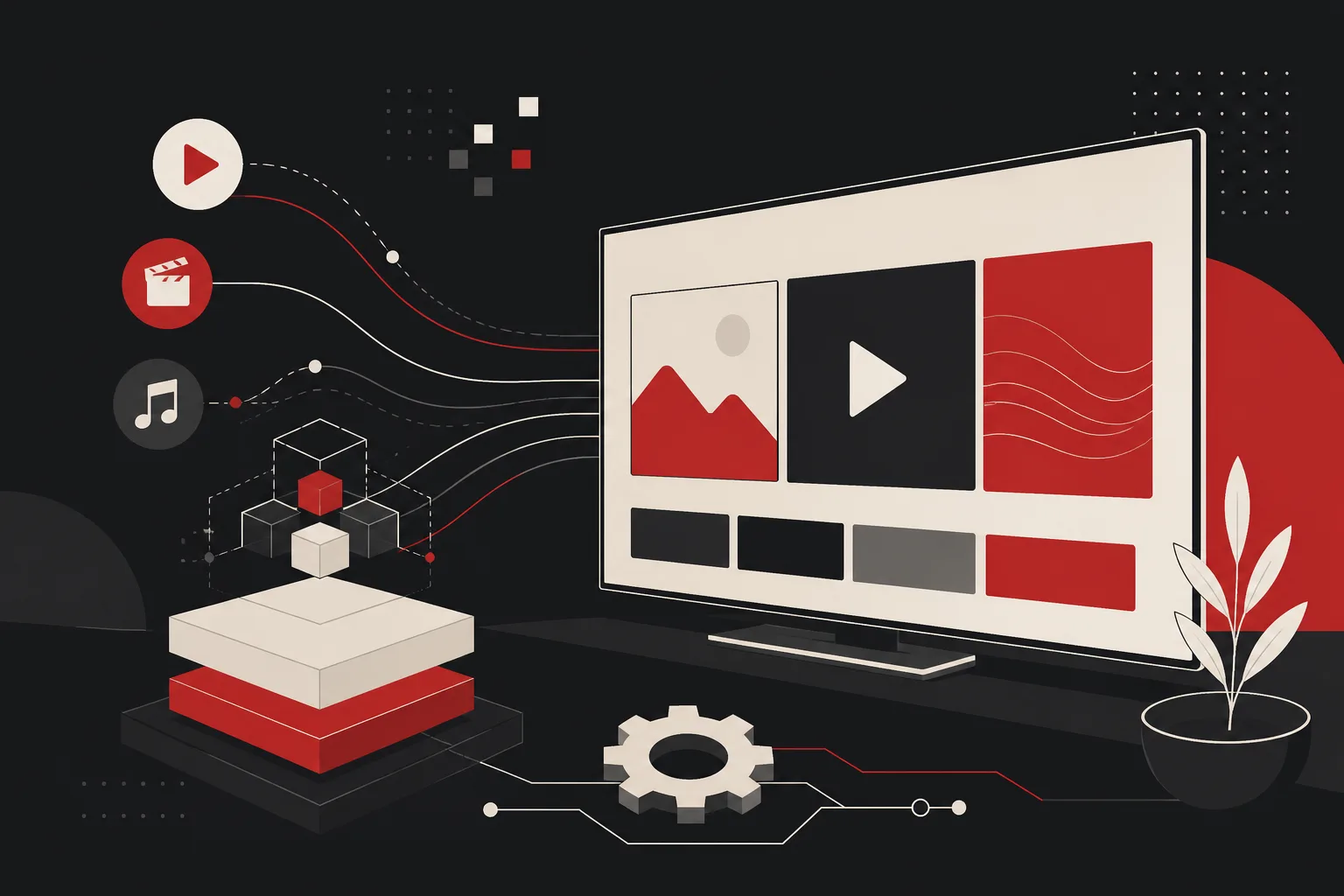 A smart TV showing a streaming catalogue, wired to the media, packaging and platform layers behind it
