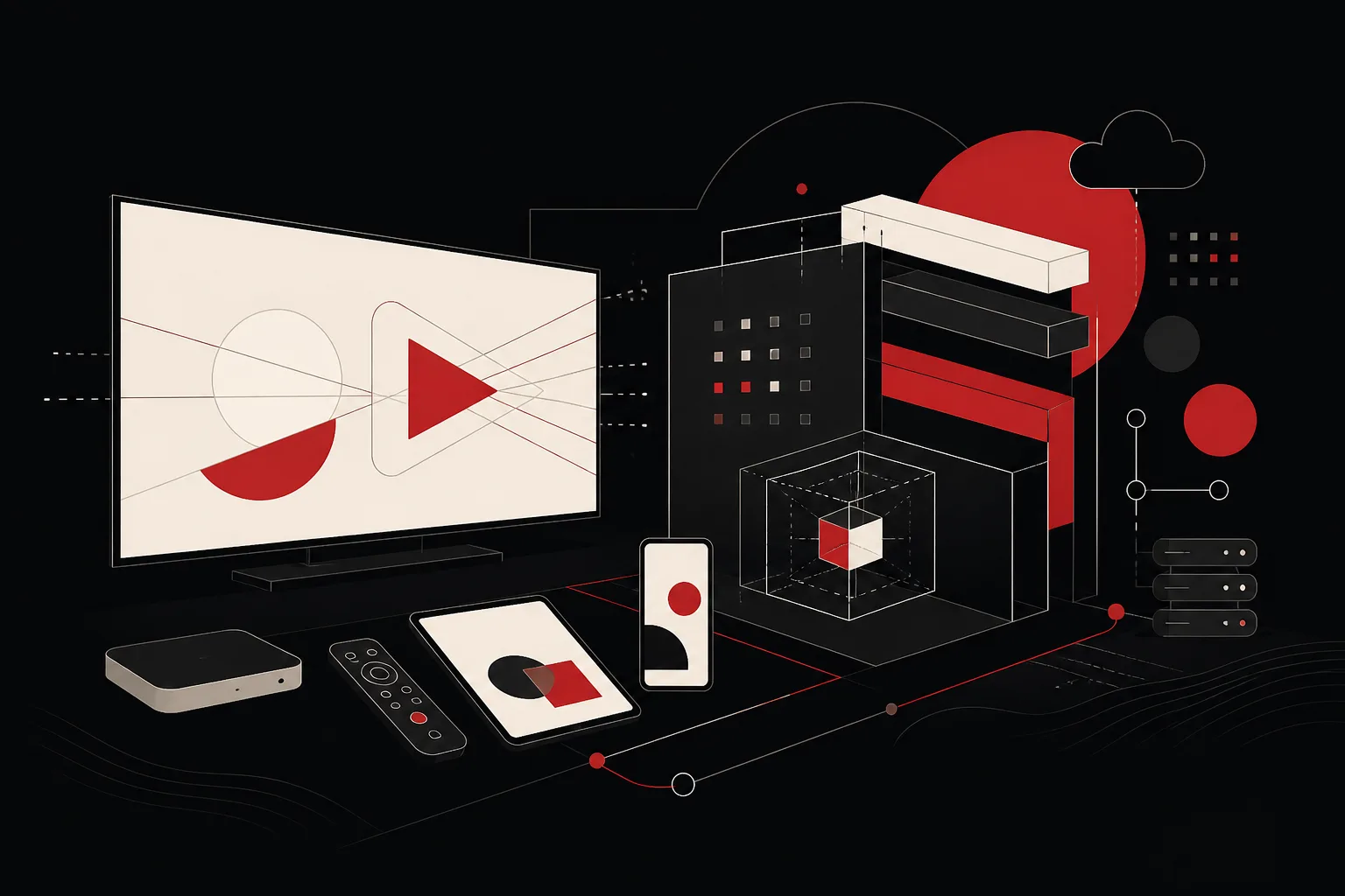 A flat-vector television showing a play symbol, beside a set-top box, remote, tablet and phone, linked by thin lines to an abstract server stack and cloud