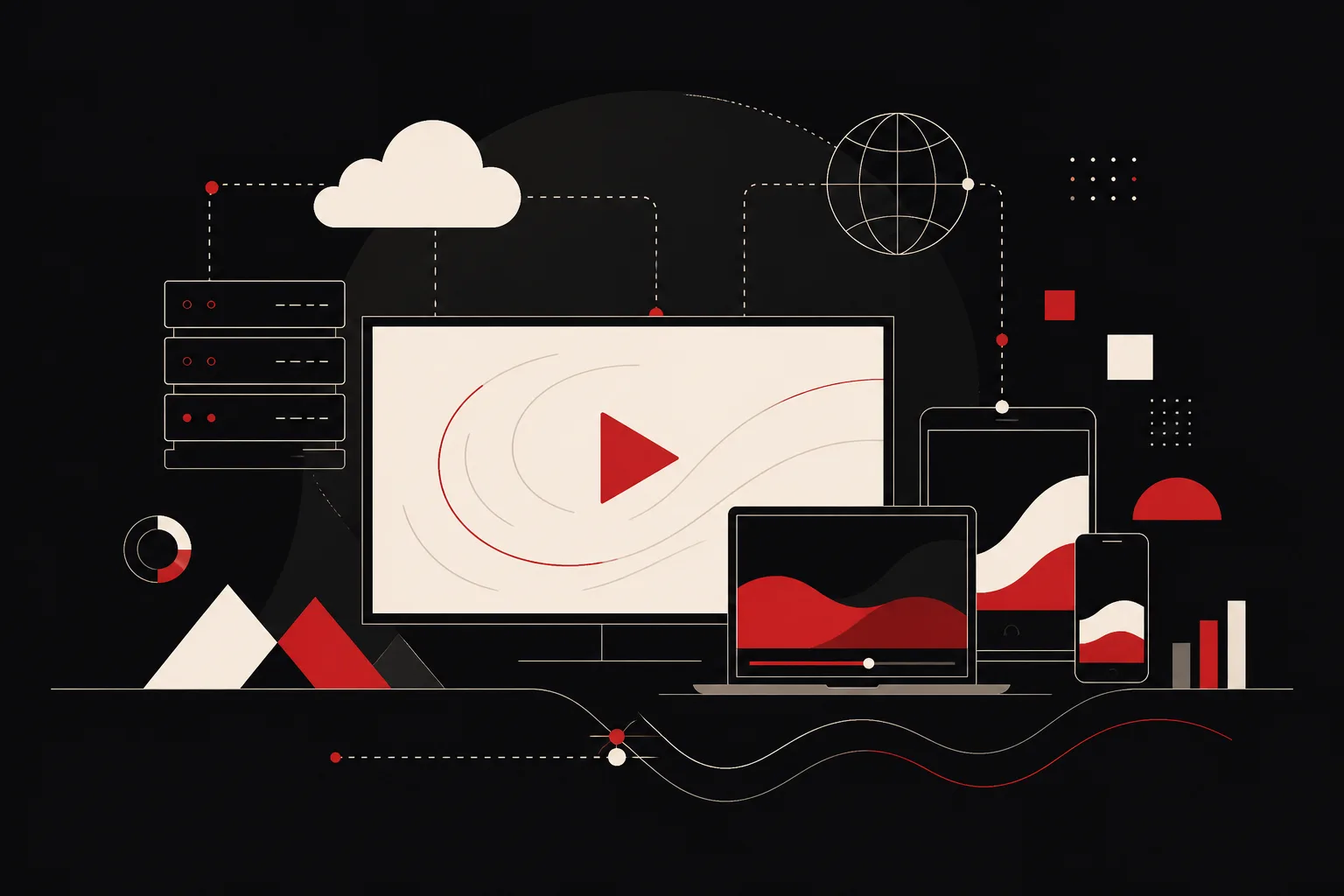 A browser window playing video beside a laptop, tablet and phone showing the same stream, connected to a server stack, a cloud and a globe