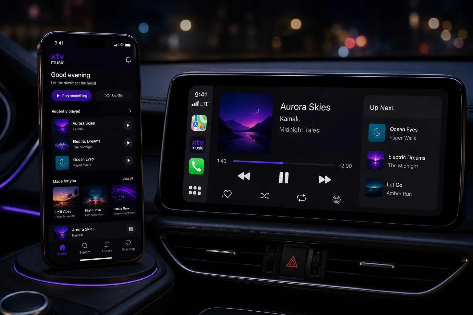A phone and a car dashboard side by side at night, both playing the same track, with the queue showing on the dashboard.