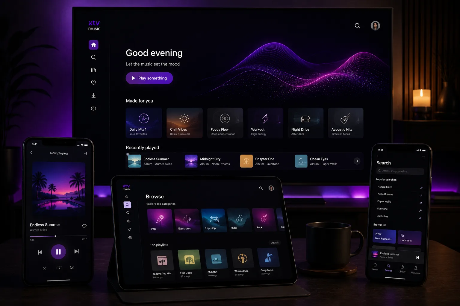 A music service running at once on a television, a tablet and two phones — a home screen, a browse view, a now-playing screen and search.