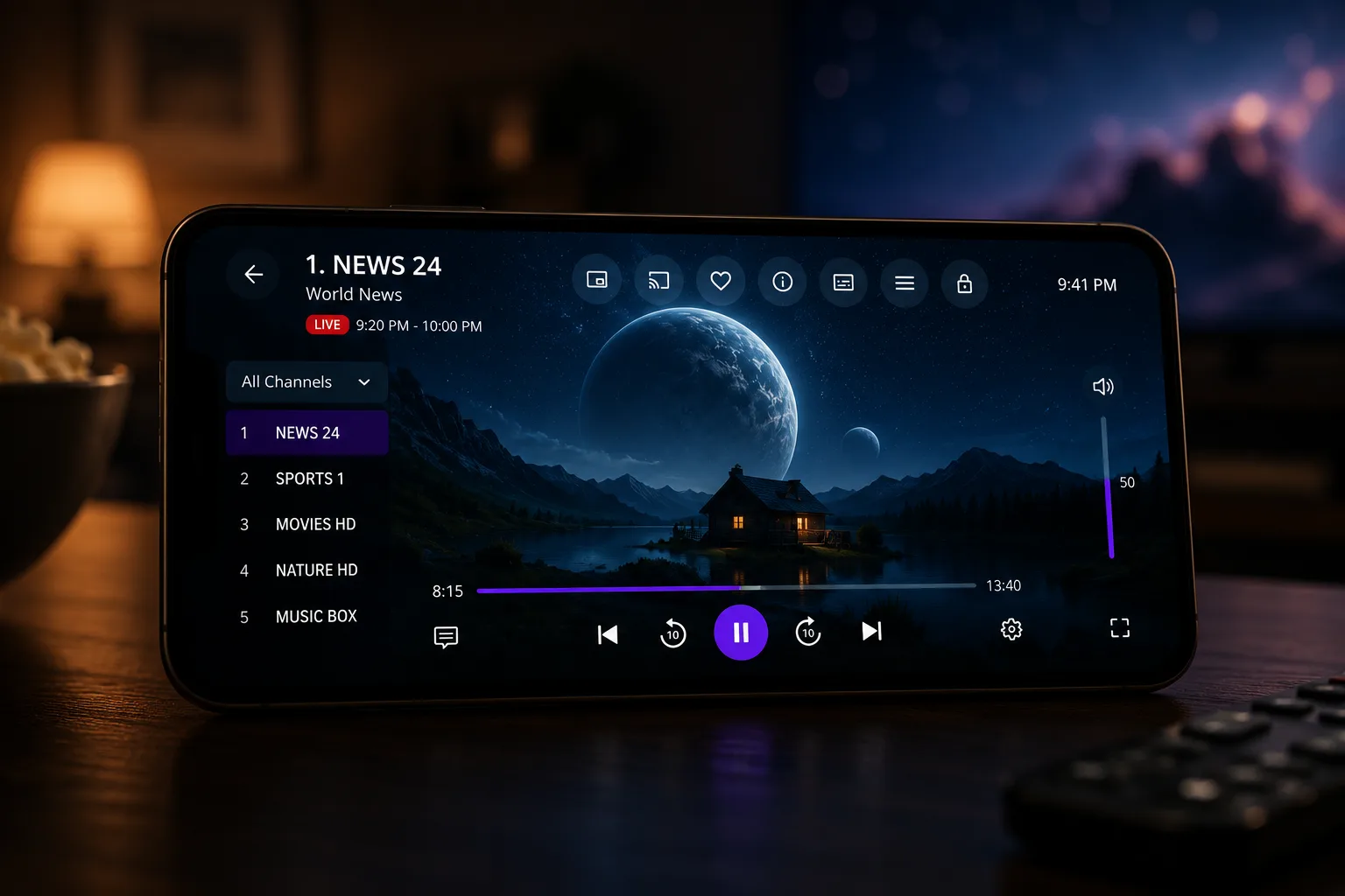 A phone turned sideways playing a live channel, with the channel list down the left and the programme name and time slot across the top.