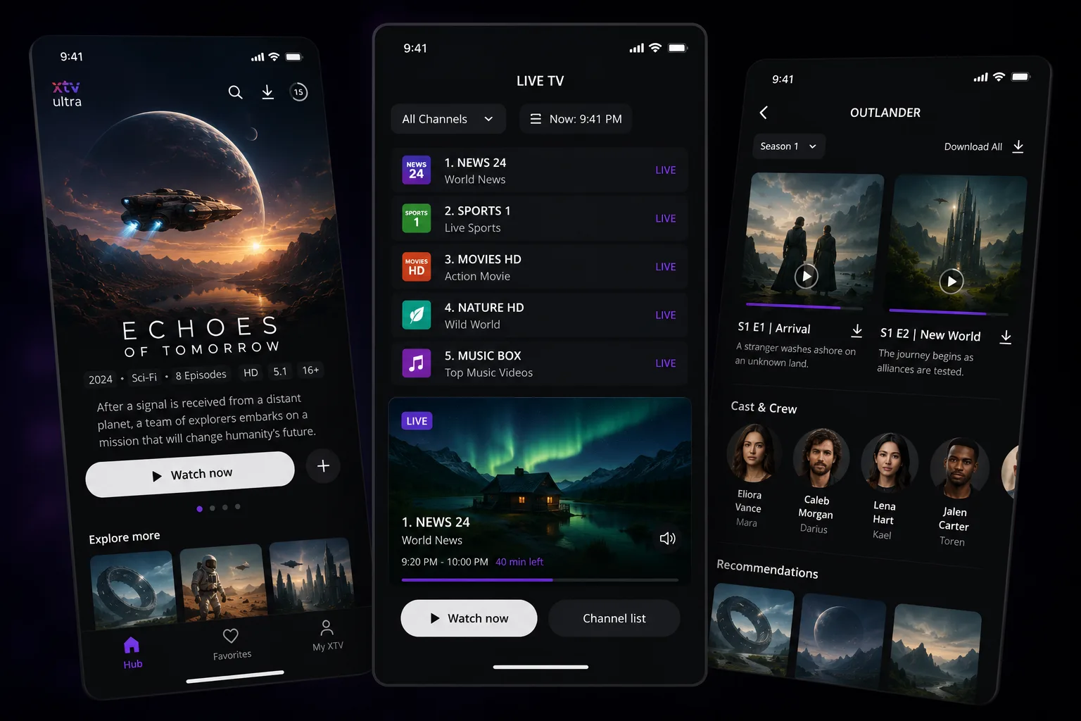 Three phone screens side by side — a home screen, a live channel list and a series page with episodes and cast.