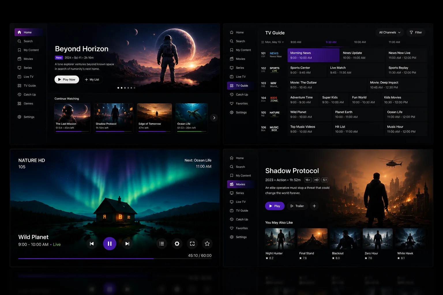 Four screens from one streaming service — a home screen, a programme guide, a live player and a film page.