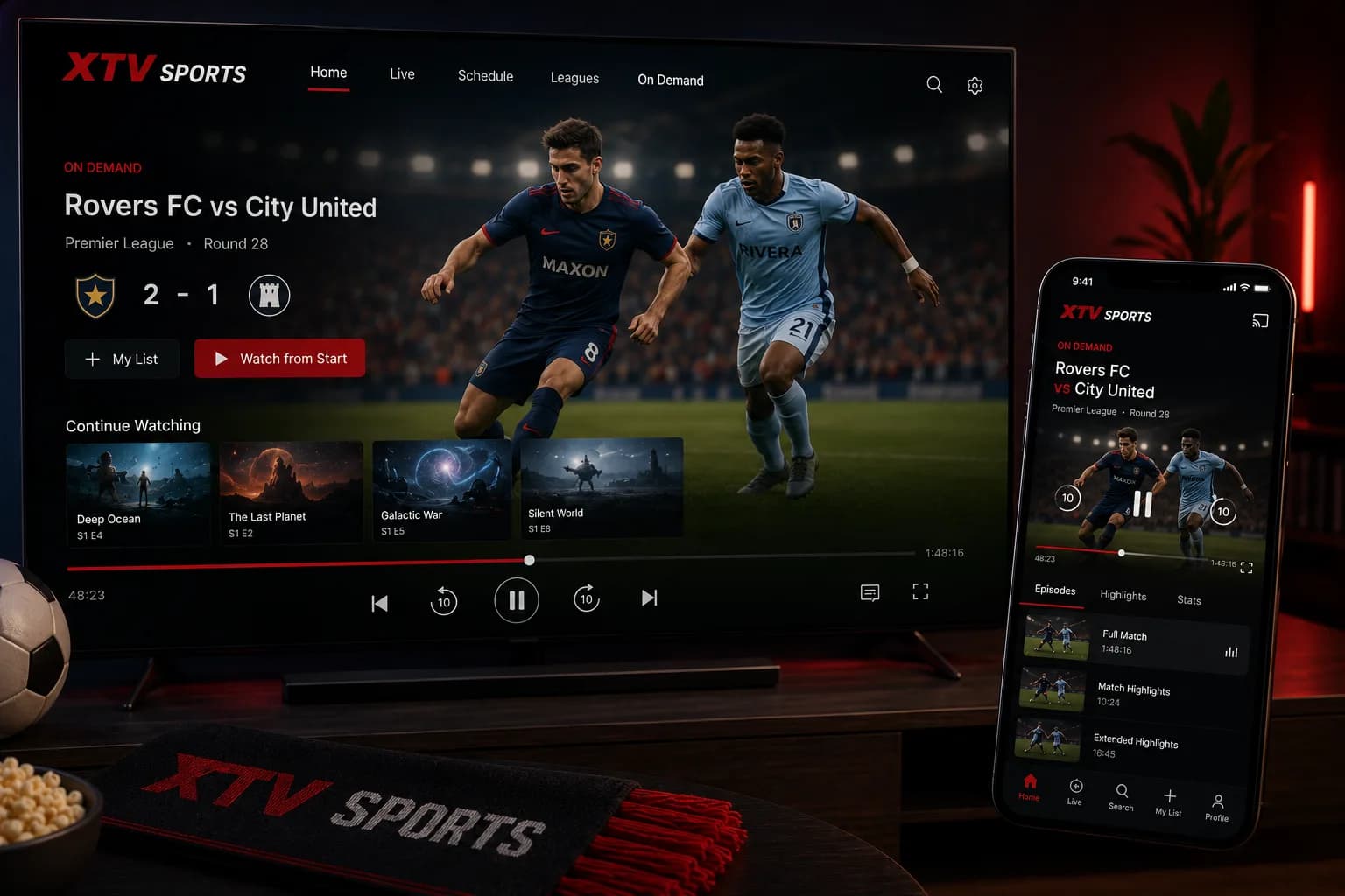 A finished match playing back on demand on a television and a phone, with full match, highlights and extended highlights listed beside it.