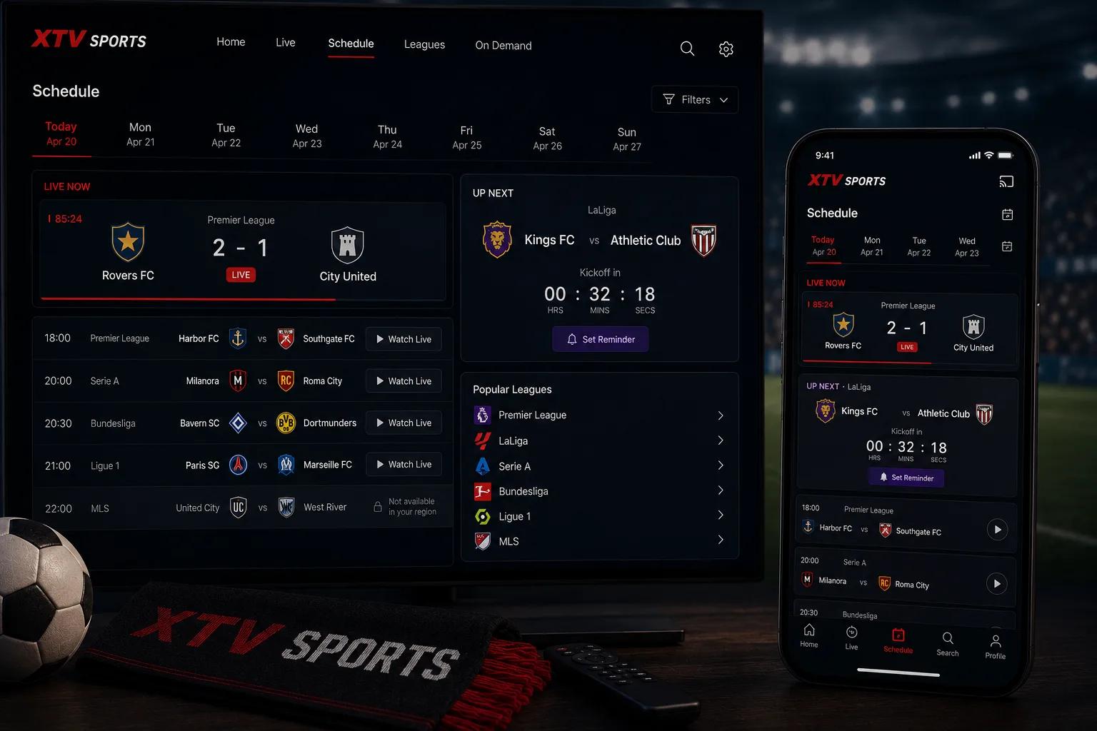 A schedule screen on a television and a phone, showing the day's fixtures, a live match in progress, a countdown to the next kickoff, and one fixture marked as unavailable in the viewer's region.