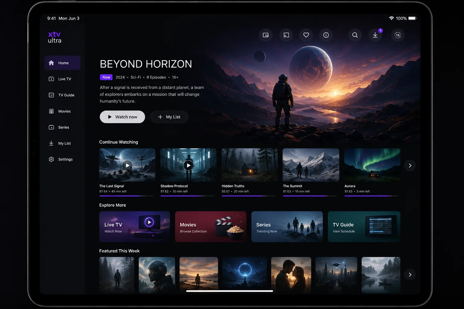 A tablet home screen with a navigation rail, a featured series, a continue-watching row and a grid of titles.