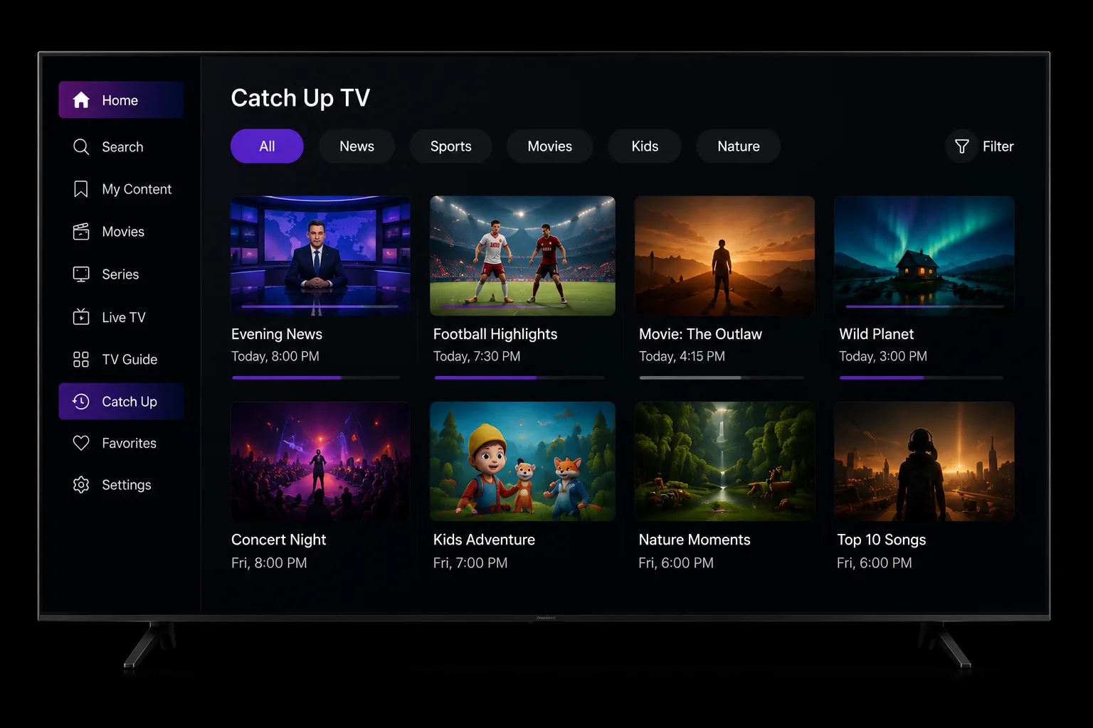 A television catch-up screen with genre filters across the top and a grid of programmes, each showing how far through it the viewer is.