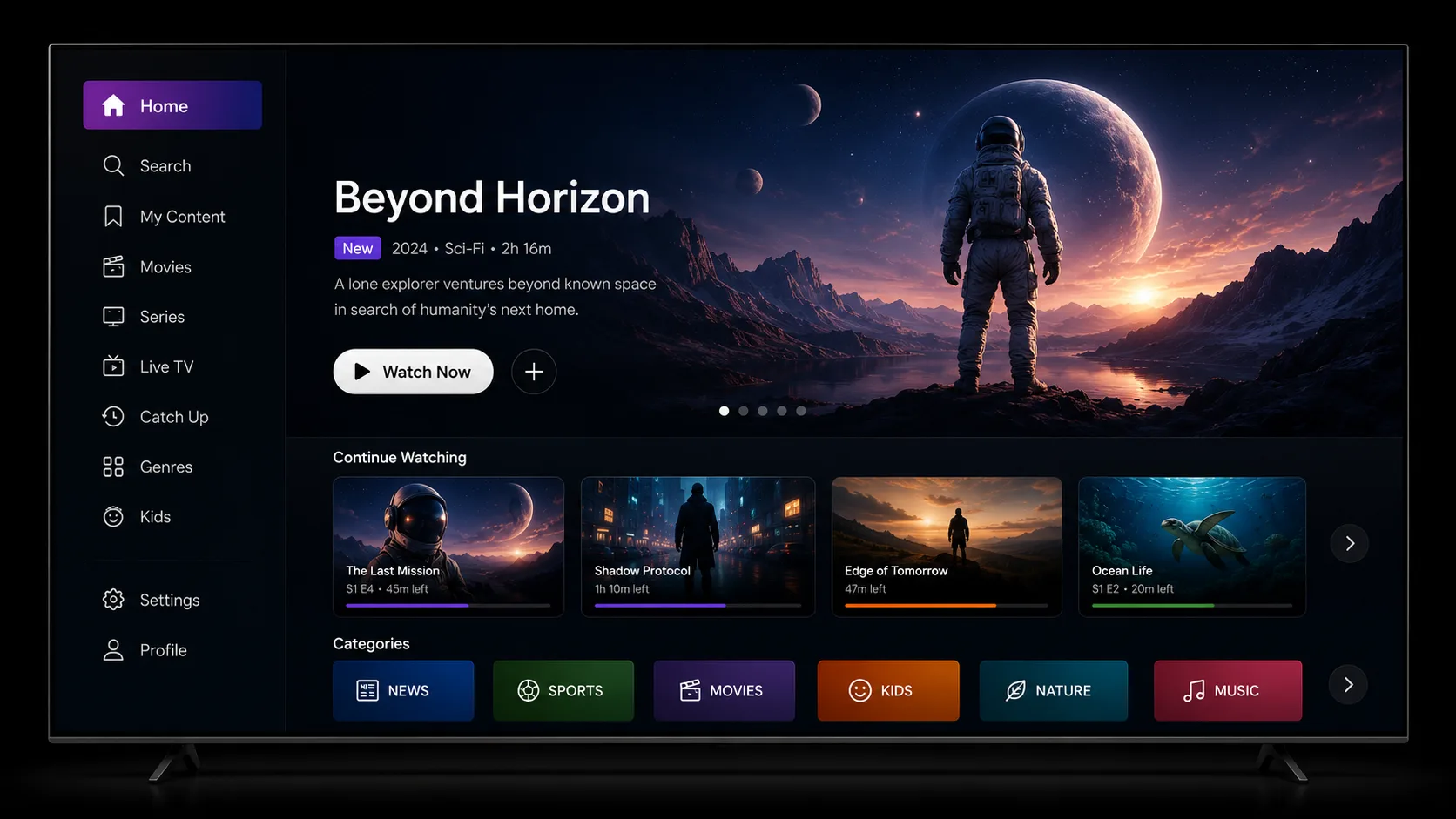 A television home screen with a navigation rail down the left, a featured film across the top and rows for continue watching and categories.