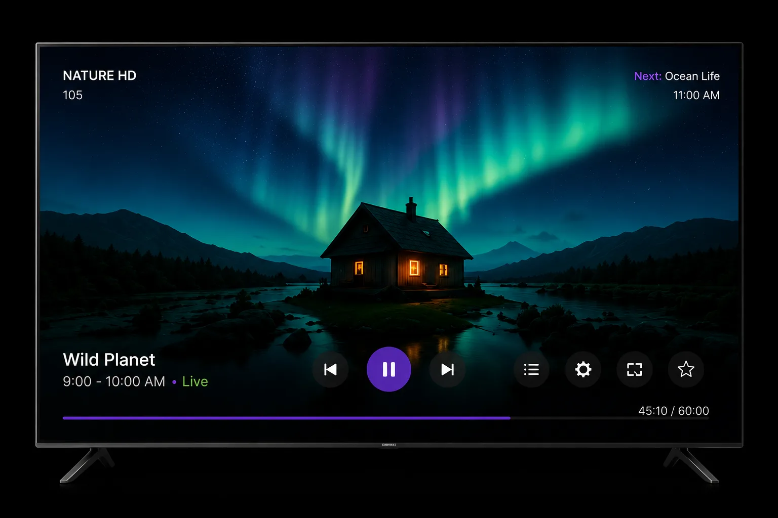 A television player showing a live nature channel, with the programme name, what is on next and transport controls.